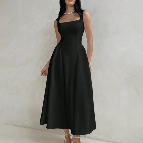 Square Neck Sleeveless Fit & Flare Midi Dress in Black
