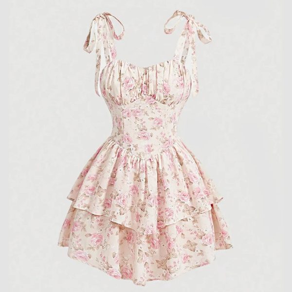 Sweetheart Neckline Ruched Bust Floral Dress With Shoulder Ties