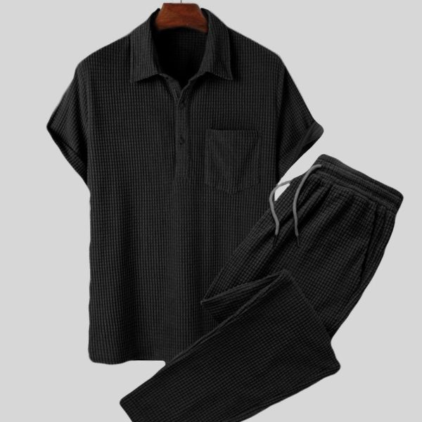 Men Set Of Two : Black Short Sleeve Knit Shirt with Drawstring Pocket  Pant