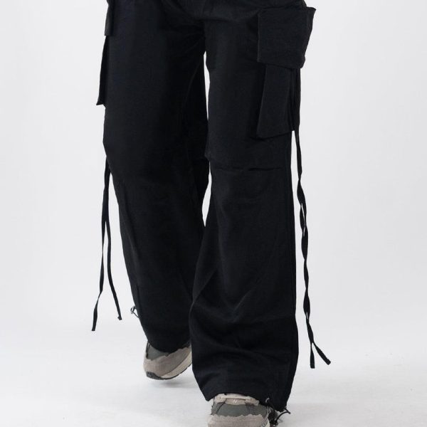 Men Drawstring Waist Plain Straight Leg Black Cargo Pants