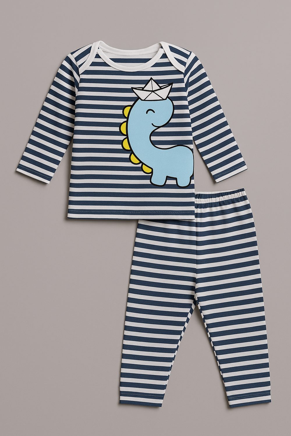 20250529_1938_Striped_Dinosaur_Pajamas_remix_01jwe7k9hnfzsb2qdb3x9abmvb.png 2PC Sleeping Set FB-6501 - Comfortable and Stylish Pajama Set - Image 1