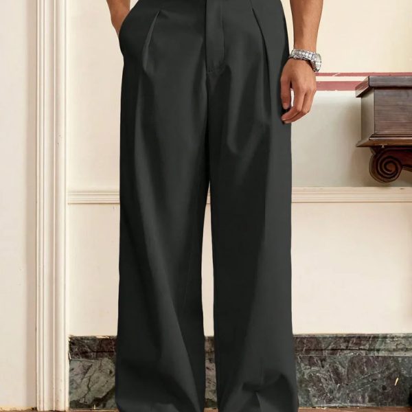 Men High-Waist Tailored Straight-Leg Trousers in Black