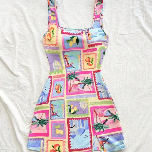 Y2K Travel Print Scoop Neck Mini Dress
