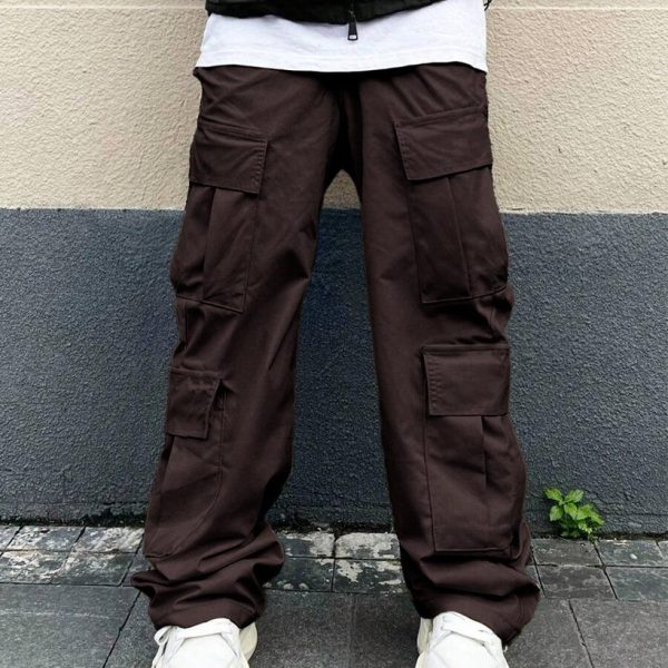 Men Fashion Multi Pocket Casual Breathable Baggy Cargo Pants In Dark Brown