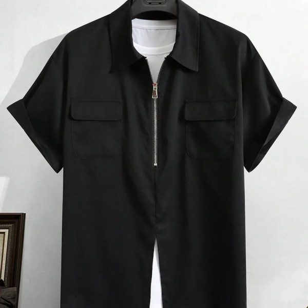 Men Black Zip Front Pocket Detail Short Sleeve Shirt