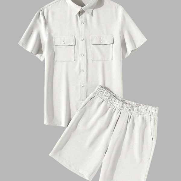 Men Basic Front Flap Pocket Cream Shirt & Drawstring Waist Shorts Set