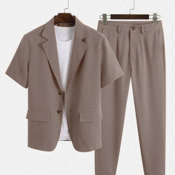 Men Solid Color Autumn Streetwear Short Sleeve Blazer & Pants In Brown