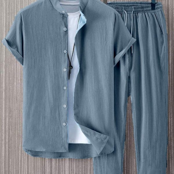 Men Two Piece Outfits Summer Comfortable Casual Short Sleeves Shirt And Pant In Blue Without Tee