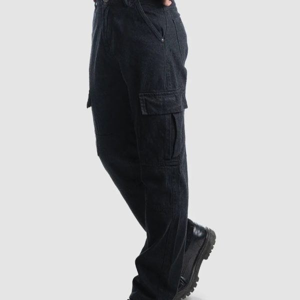 Men High-Rise Low Distress Black Cargo Jeans