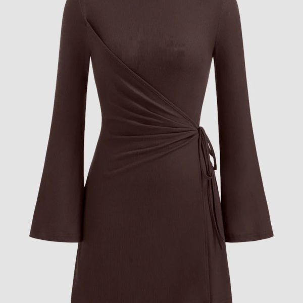Chocolate Side-Tie Ruched Full Sleeve Mini Dress