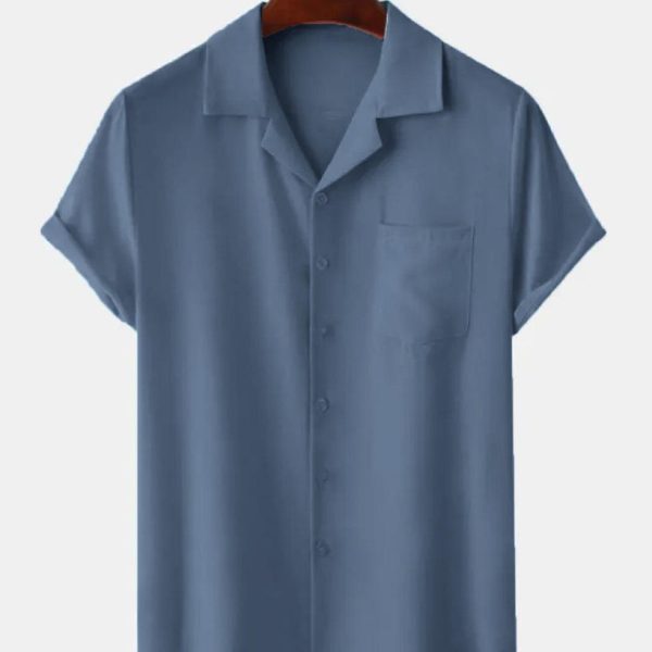 Men Solid Color Short Sleeve Streetwear Shirt In Blue