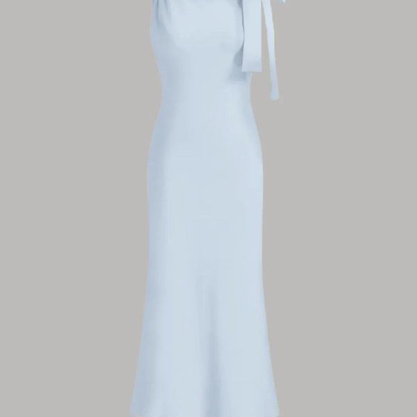Boat Neck Solid Bowknot Maxi Dress In Ice Blue