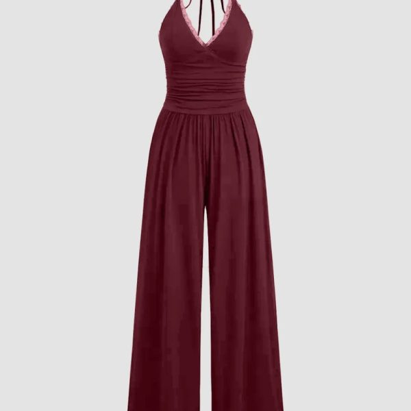 Halter Neckline Lace Trim Backless Ruched Jumpsuit in Maroon