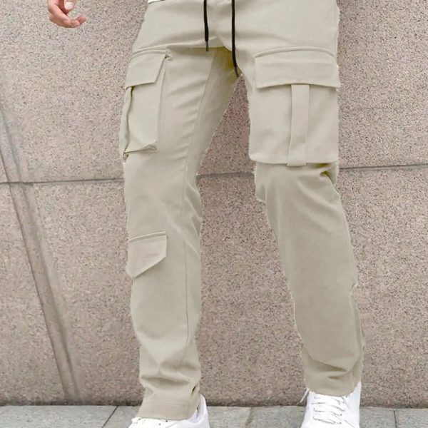 Men Solid Color Front Tie Pocket Simple Casual Straight Leg Cargo Pants In Light Grey