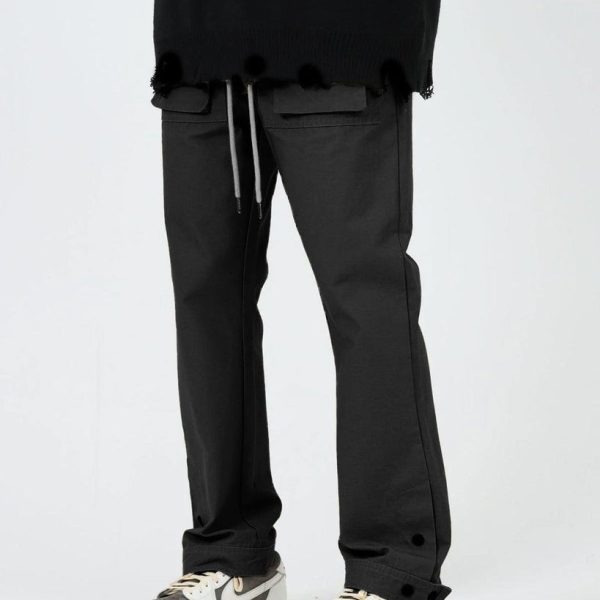 Men Slim Summer Thin Cargo Double Button Black Pants