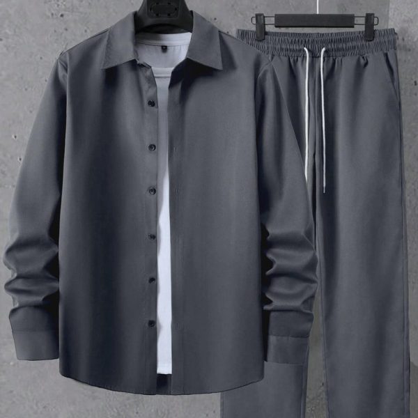 Men Casual Solid Color Long Sleeve Shirt And Long Pant Set