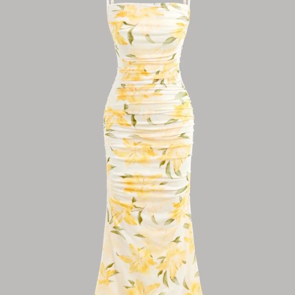 Floral Ruched Cami Bodycon Midi Dress