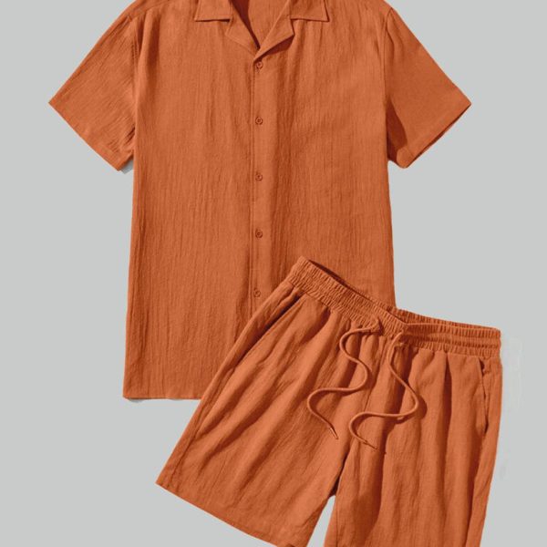 Men Basic Rust Orange Shirt & Drawstring Waist Shorts Set