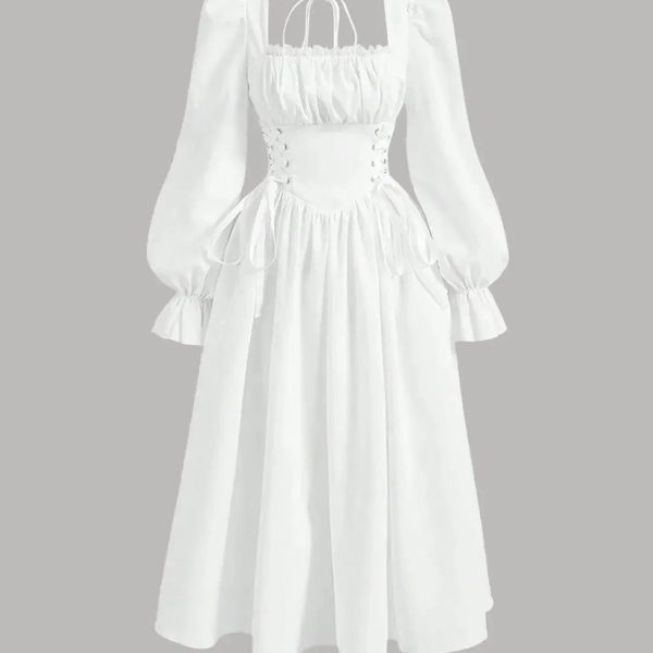 Square Neck Flare Sleeve Lace Up Waist Ruched Bust Vintage Dress