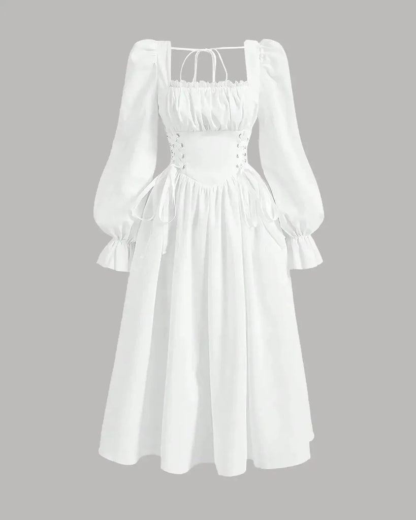 900ed23b6eb089da3766567f43f1e64c_1024x1024.jpg Square Neck Flare Sleeve Lace Up Waist Ruched Bust Vintage Dress - Image 1