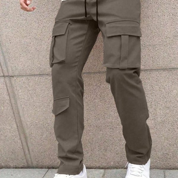 Men Solid Color Front Tie Pocket Simple Casual Straight Leg Cargo Pants