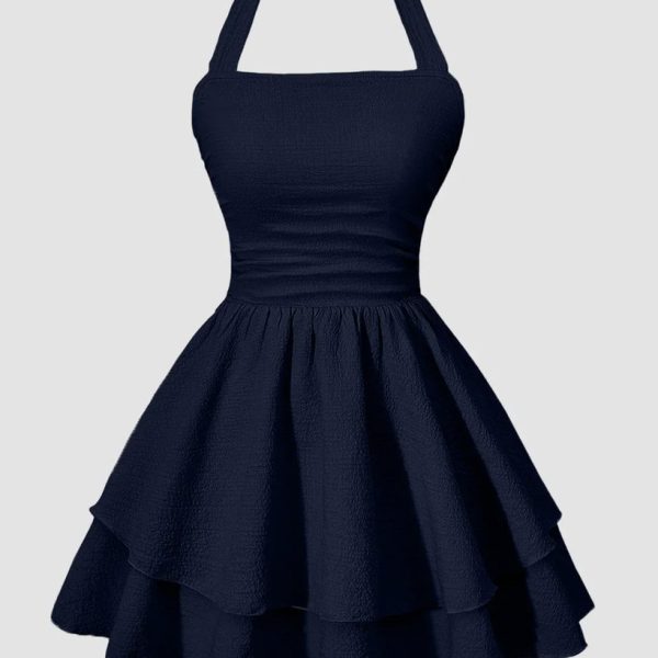 Halter Neck Ruched Waist Tiered Mini Dress in Navy Blue