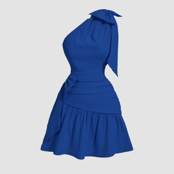 Asymmetrical Neck Bow Tie Cropped Waist Mini Dress In Surf Blue