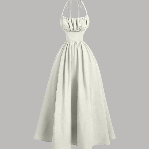 Back Tie Halter Neck Gathered Midi Dress in Cream