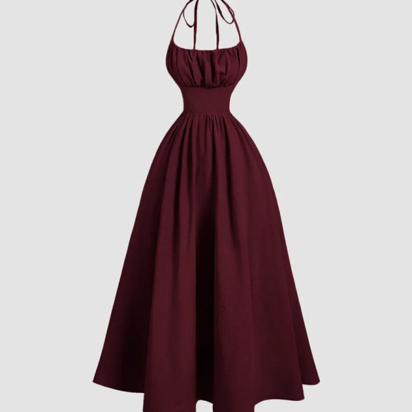 Back Tie Halter Neck Gathered Midi Dress in Maroon