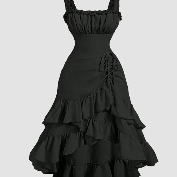 Black Ruched Square Neck Ruffle High-Low Midi Dress with Ruffle Hem