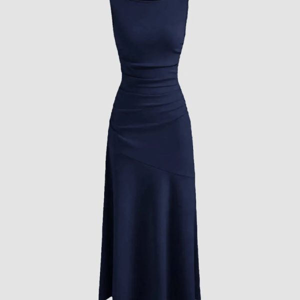 Boat Neck Solid Ruffle Ruched Dark Navy Maxi Dress
