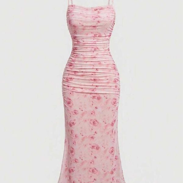 Ruched Bodycon Dress With Floral Print And Spaghetti Straps