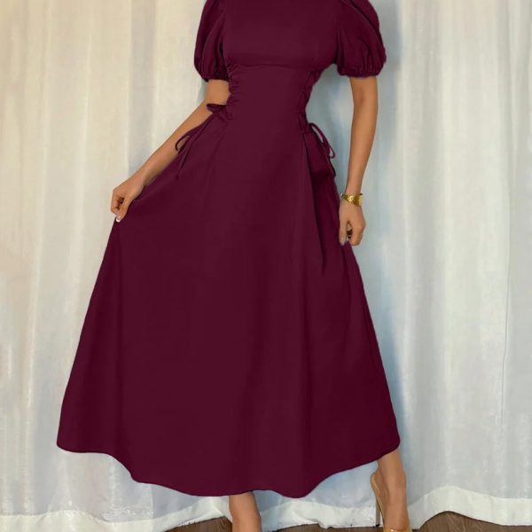 Burgundy Puff Sleeve A-Line Midi Dress