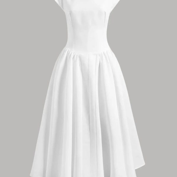 Cap Sleeve Fit & Flare A-Line Midi Dress in White