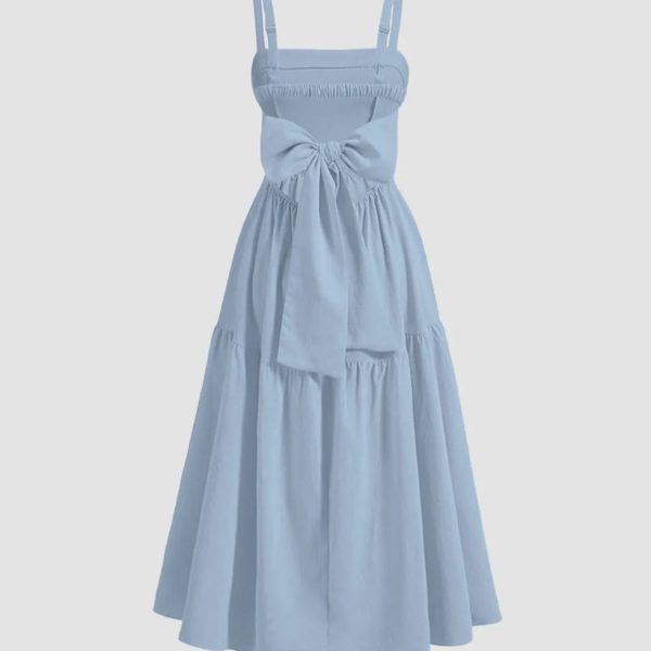 Chic Back Bow Tiered Midi Dress In English Blue