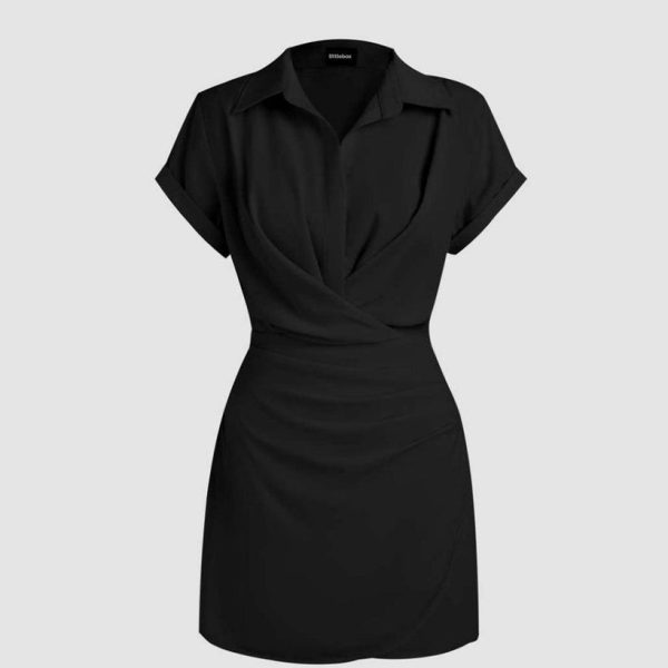 Collar Wrap Buckle Black Mini Dress