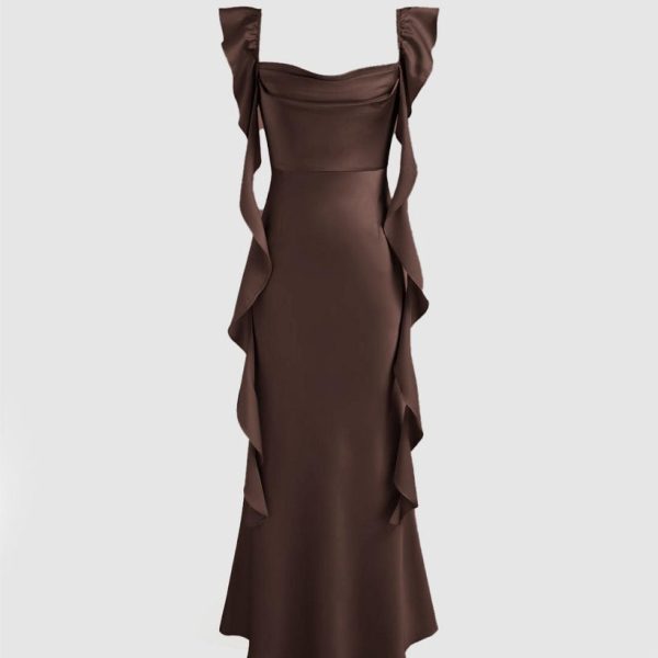 Cowl Neck Ruffle Satin Maxi Dress In Brown