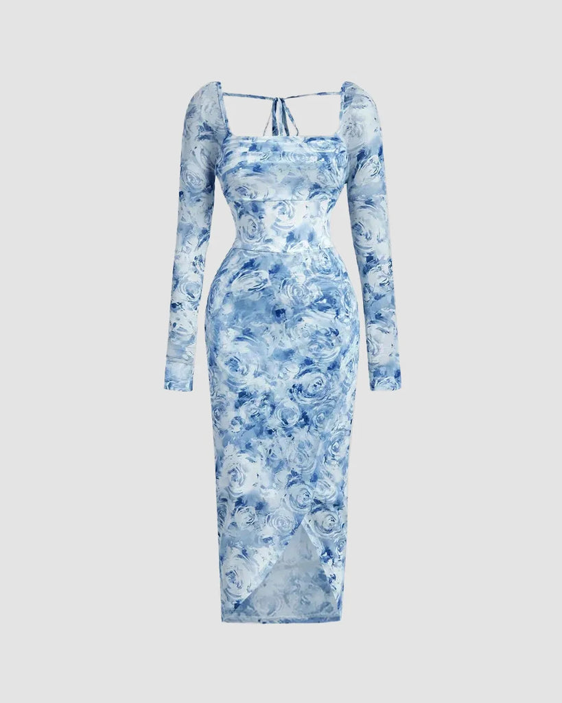 Floral Print Mesh Midi Dress With Tie Front Detail & Long Sleeves - Image 1