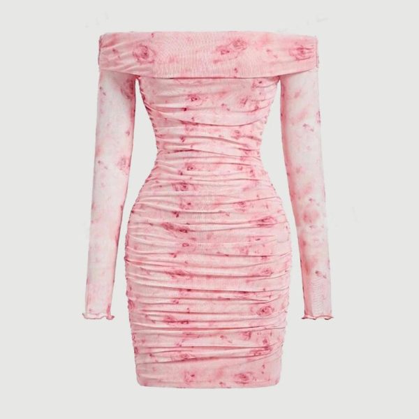 Floral Print Off Shoulder Ruched Mesh Bodycon Dress