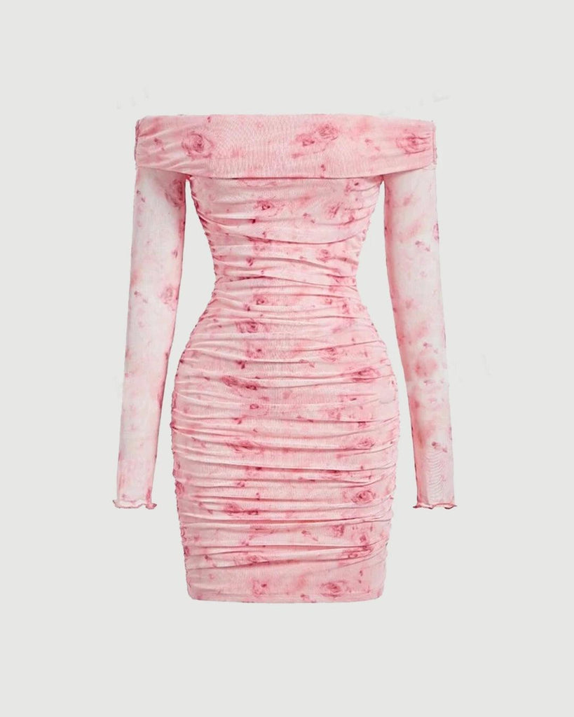Floral_Print_Off_Shoulder_Bodycon_Dress_1024x1024.jpg Floral Print Off Shoulder Ruched Mesh Bodycon Dress - Image 1