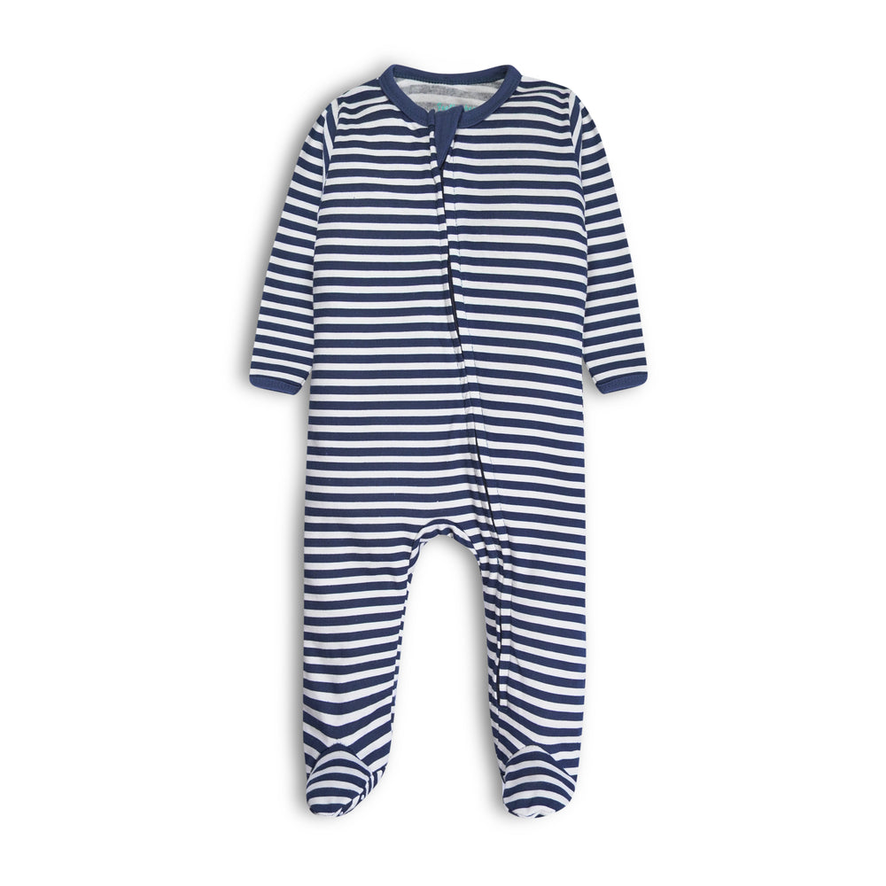 Footed_Sleep_N_Play_FB-6027_Navy_Stripe_Flat_Lay_Featherhead.jpg Footed Sleep N' Play - FB-6027: Comfortable and Cozy Baby Bodysuit - Image 1
