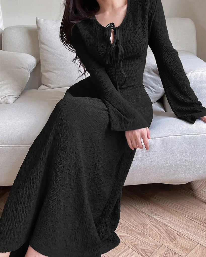 Front_view_of_Solid_Color_Front_Tie_Long_Sleeve_Casual_Long_Dress_In_Black_1024x1024.jpg Solid Color Front Tie Long Sleeve Casual Long Dress In Black - Image 1