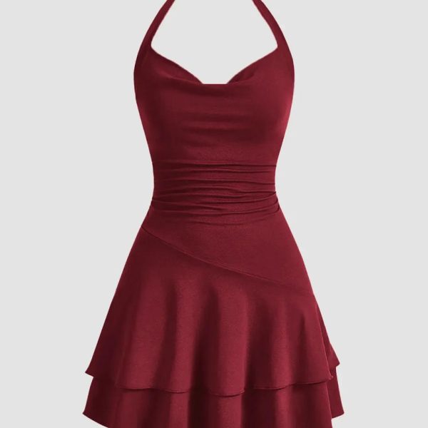 Halter Neck Double Layer Women's Slim Fit Mini Dress In Maroon