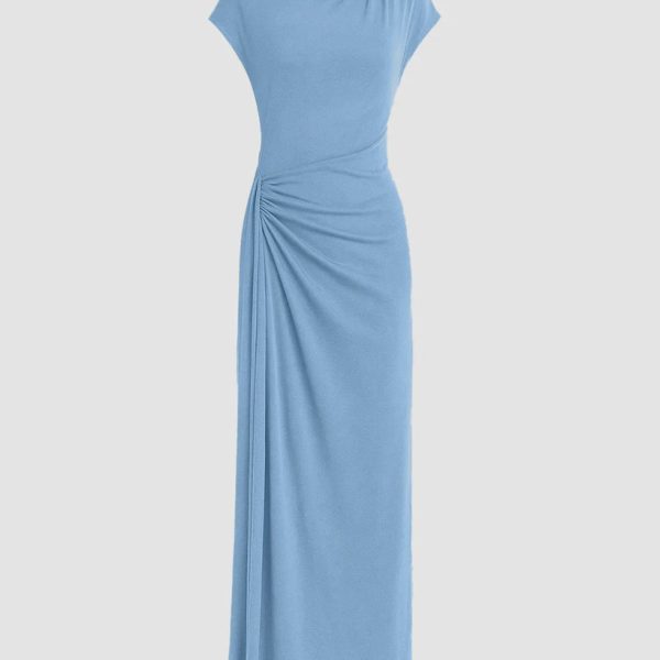 High Neck Solid Twist Ruched Split Maxi Dress In Powder Blue