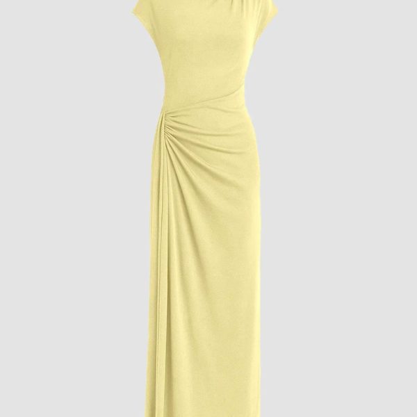 High Neck Solid Twist Ruched Split Maxi Dress In Vanilla