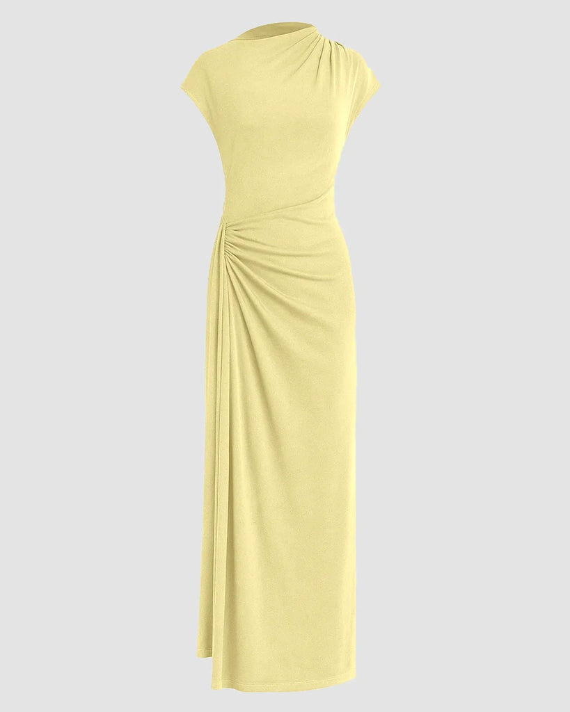 High Neck Solid Twist Ruched Split Maxi Dress In Vanilla - Image 1
