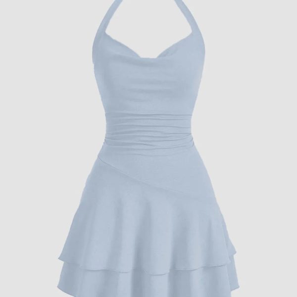Ice Blue Halter Neck Ruched Skater Dress