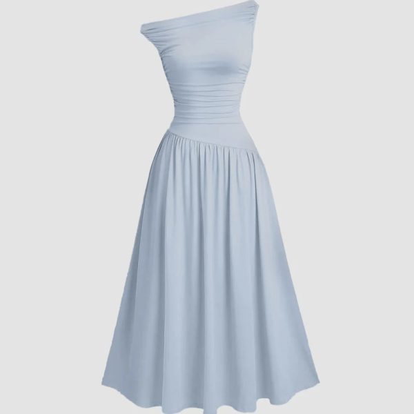 Ice Blue Off-Shoulder Fit & Flare Midi Dress