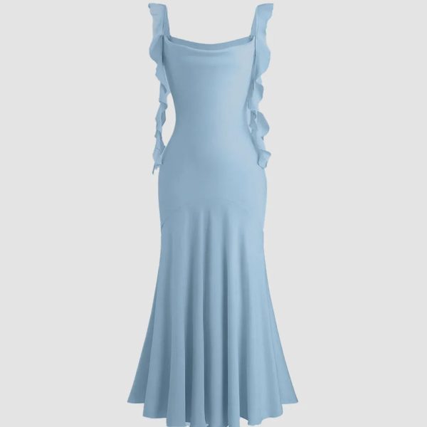 Light Blue Ruffle Strap Fishtail Midi Dress