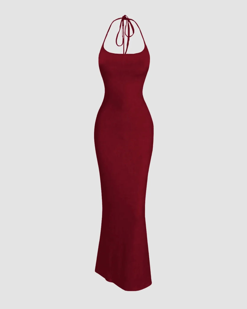 Maroon Halter-Neck Bodycon Maxi Dress with Sleek Minimalist Design - Image 1